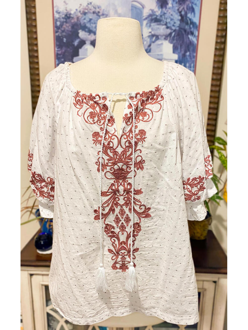 Solitaire Boho Embroidered Peasant Top White Tassel Tie Blouse M Cotton